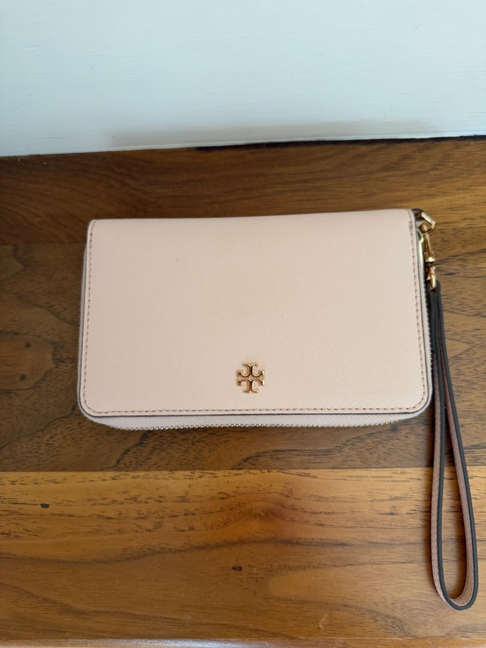Tory Burch Blush Leather Wristlet with Gold Logo